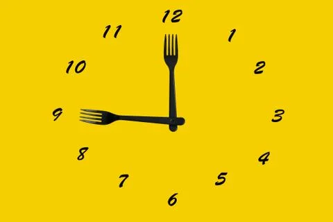Lunch time concept, dial and black plastic forks instead of arrows on yellow  Stock Photos