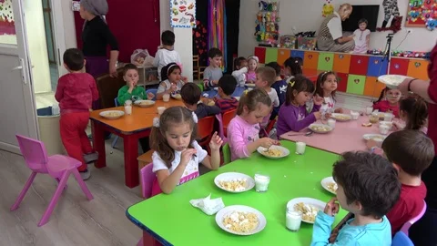 Lunch time in nursery school 2 Stock Footage 107075346