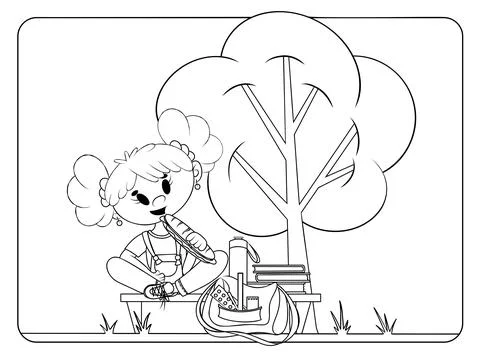 Lunch time at school coloring page. Girl eating at school yard. Antistress for Stock Illustration