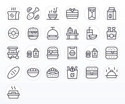 Lunch Vector Icon Set with 25 Regular Line 256x256 Detail Enhanced Graphics Stock Illustration