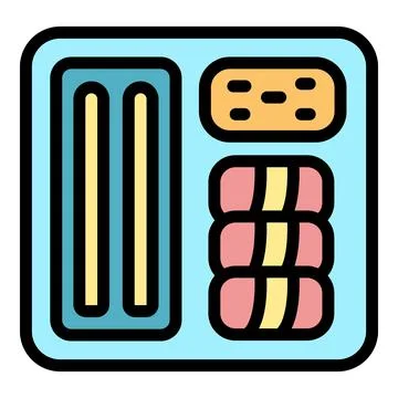 Lunchbox containing breadsticks, dessert, and sushi rolls is ready for meal Stock Illustration