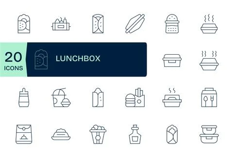 Lunchbox Vector Icon Arsenal with 20 64x64 Thin Line Grid Fitted designs Stock Illustration