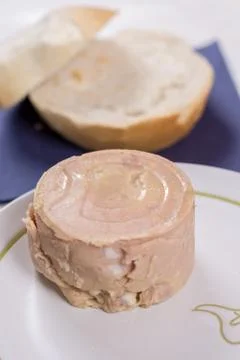 Luncheon meat on the plate with bread in the background Stock Photos