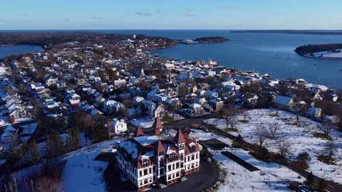 Lunenburg Academy | flyover the town with a drone showing the town and harbour Stock Footage