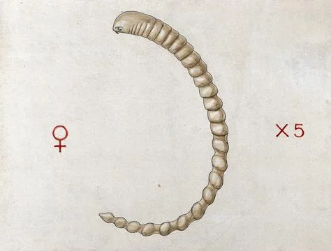 A lung worm of python (Porocephalus moniliformis). Coloured drawing by A.J... Stock-Illustration
