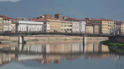 Lungarni di Pisa Riverfront and Bridge Scenery Stock Footage 329959976