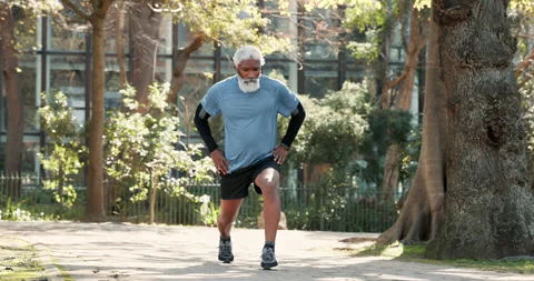 Lunges, senior or black man in nature for fitness, outdoor workout or training Stock Footage 283585422