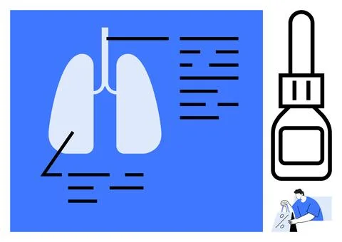 Lungs diagram with annotations, inhaler outline, and person using a nebulizer Stock Illustration