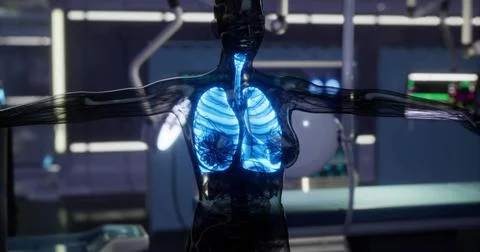 Lungs illuminated within a human figure in a futuristic laboratory setting Stock Illustration
