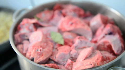 Lungs slices boiled in a pan Stock Footage 131858509