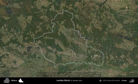 Luniniec District outlined, Belarus. Sentinel - World Cover Mosaic. January 2021 Stock Illustration