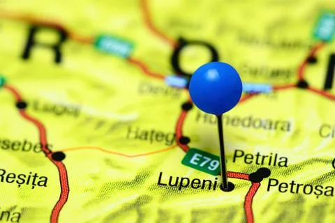 Lupeni pinned on a map of Romania Stock Photos