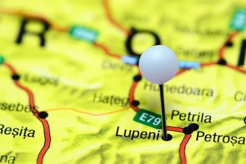 Lupeni pinned on a map of Romania Stock Photos