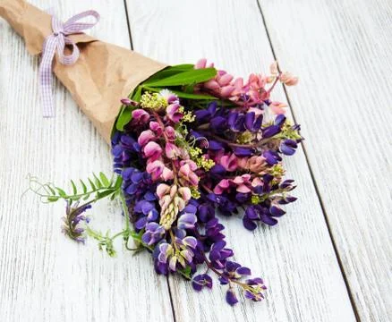 Lupine flowers on a  table Stock Photos