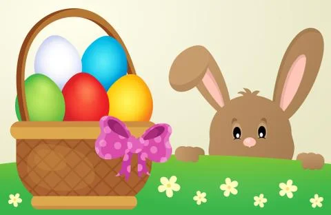Lurking Easter bunny and egg basket - eps10 vector illustration. 스톡 일러스트