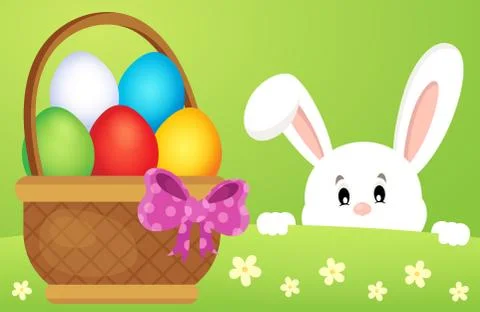Lurking Easter bunny by basket with eggs - eps10 vector illustration. Stockillustratie