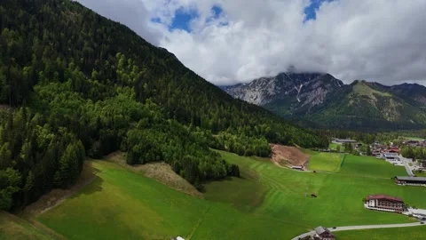 Lush Alpine Pasture Fields Under Forest Slopes and Mountain Peaks Stock Footage 342708460