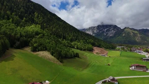 Lush Alpine Pasture Fields Under Forest Slopes and Mountain Peaks Video stock 342783928