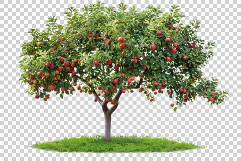 Lush apple tree in full bloom with ripe red apples hanging from branches, iso Stock Photos