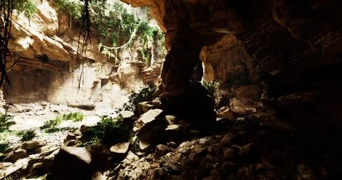 Lush cave interior showcasing sunlight filtering through rocky formations Stock Illustration