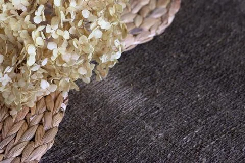 Lush dried hydrangea flower on damp linen burlap and water hyacinth placemats Foto stock
