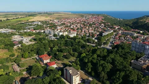 Lush forest trees and surrounding terrain of Kavarna in Bulgaria Stockbeeldmateriaal 345278225