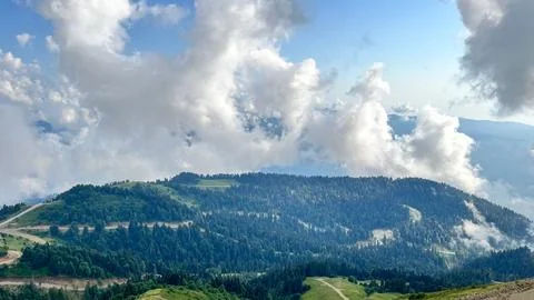Lush Forested Mountains Under Dramatic Summer Clouds 库存照片