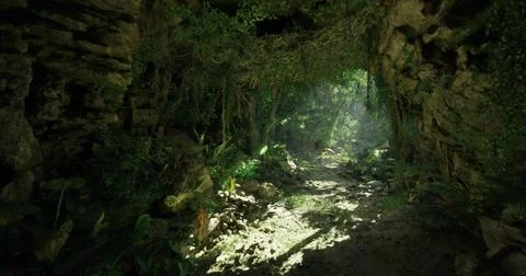 Lush green cave pathway illuminated by sunlight in a tropical jungle Stock Illustration