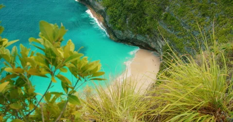 Lush green cliffs overlooking bright turquoise water at Kelingking Beach Bali Stock Footage 344770202