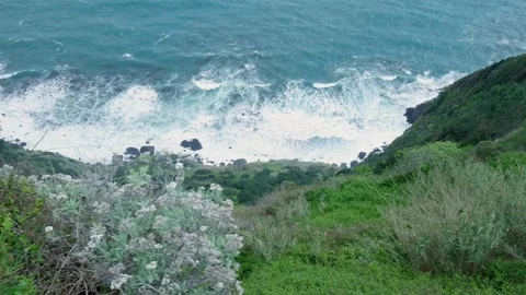 Lush green cliffside overlooking a stormy ocean Vidéo 333695690