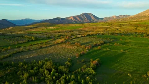 A lush green field with a mountain in the background Stock Footage 327914010