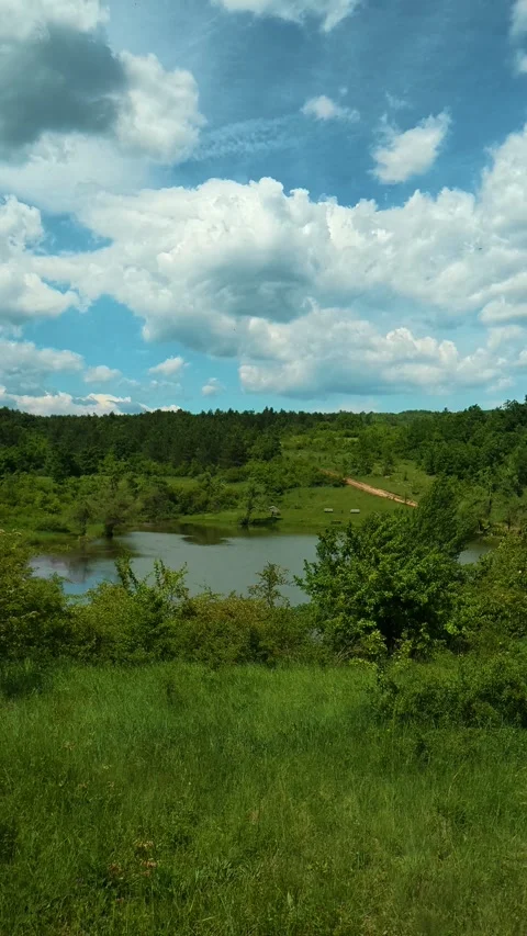 Lush green fields meet calm reflective water. Vrmdza Lake, Serbia. Vertical Vídeos de archivo 338029892