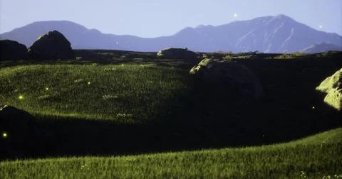 Lush green fields under a clear sky with distant mountains at sunset Stock Illustration