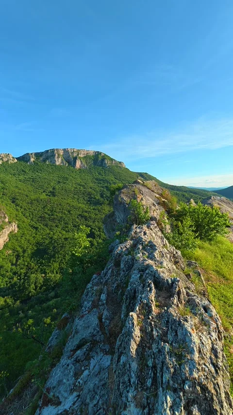 Lush green forest blankets distant. Sicevo Gorge, Serbia. Vertical 库存影片 337058086