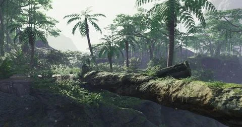 Lush green forest landscape with a fallen tree and misty atmosphere Stock Illustration
