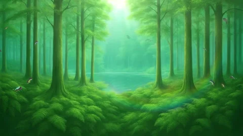 Lush green forest with light rays and birds flying between trees Stock Footage 346780841