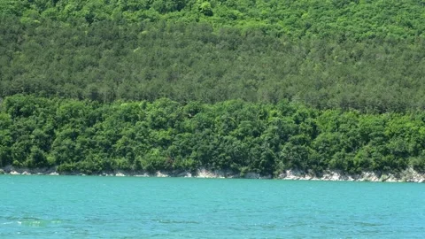 Lush green forest on steep hill above turquoise water of mountain lake Stock Footage 344967961