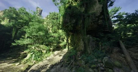 Lush green forest with towering cliffs and vibrant vegetation in sunlight Stock Illustration