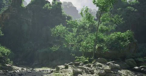 Lush green landscape with towering cliffs and tranquil waters during daylight Ilustração Stock