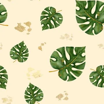 Lush green monstera leaves create a serene seamless pattern on beige background Stock Illustration