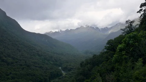 Lush green mountain valley river, road to Milford Sound New Zealand time lapse Stock Footage 84788343