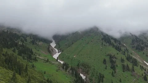 Lush green mountains with flowing river and misty clouds in scenic landscape Stock Footage 336964765