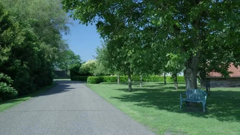 Lush green park pathway receding on a sunny day Vídeo Stock 336903103