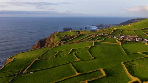 Lush Green Patchwork Fields At Sunset In Sao Miguel, Azores, Portugal. - aerial Stock Footage 340217296