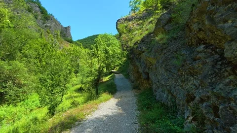 Lush green trail winds through rocky canyon wal. Gradasnica River Canyon, Serbia 스톡 동영상 342320042