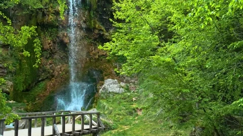 Lush green trees frame a cascading waterfall. Gostilje Waterfall, Serbia. Stock Footage 337061570