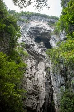 Lush green trees frame towering limestone cliff Stock Photos
