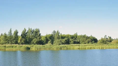 Lush green trees line the shoreline, their reflections shimmering in the water. Stock Footage 344525879