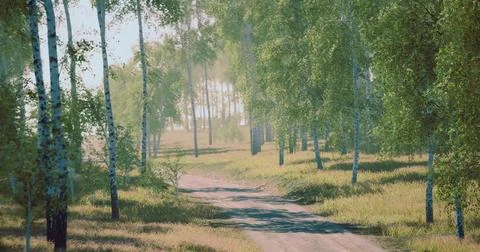 Lush green trees lining a serene dirt path in a peaceful forest setting Stock Illustration