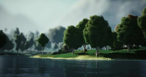 Lush green trees lining a tranquil lake under a soft sky in early morning Stock Illustration